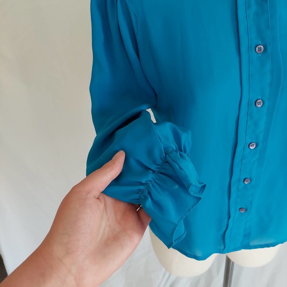 Vintage 80s 90s Ruffle Mock Neck Semi-Sheer Button-Up Blouse - Picture 5 of 10